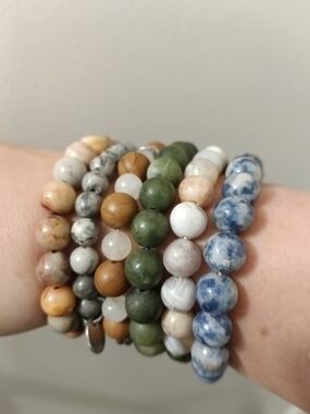 Beaded Natural Stone Stretch Bracelet Stack - Green, Blue, White, Brown